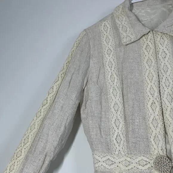 Vintage 60s 70s Jacket Lace Linen Women S Beige Mod Boho Summer Resort - Picture 10 of 12